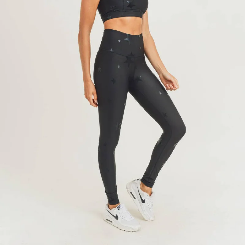 sports jacket moisture wick -Star Foil High-Waisted Leggings - Black