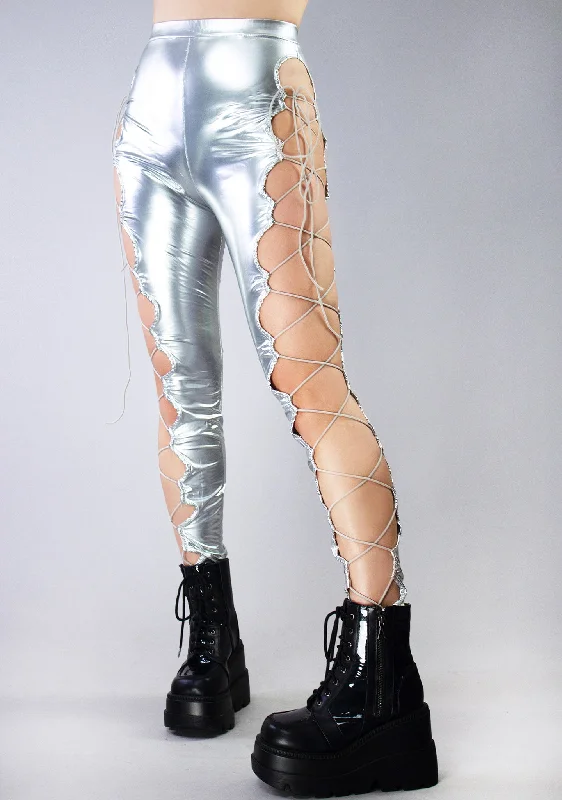 sports jacket comfy fit -Intergalactic Metallic Lace Up Leggings