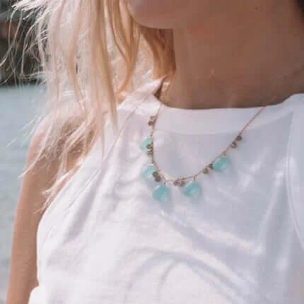 White Petite Sports Bra for Tiny -Aqua Chalcedony & Labradorite Dewdrop Necklace