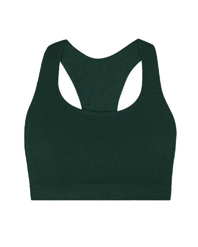 Cross Back Green Sports Bra for Ventilation -RIBBED ELATED Bra Top | Dark Green