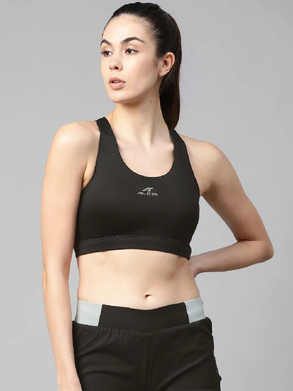 Breathable Mesh Sports Bra for Workout -Alcis Black Solid Full Coverage Lightly Padded Workout Bra