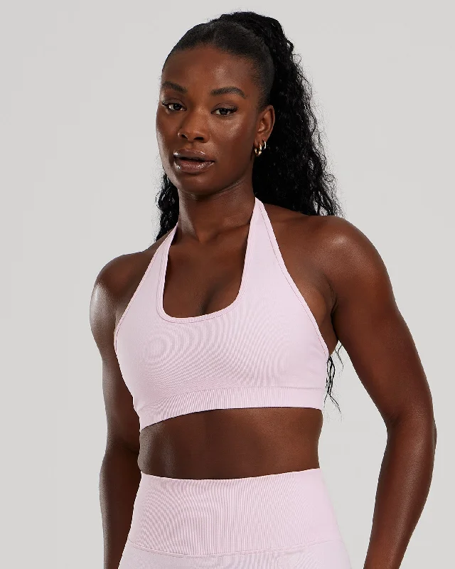 White Polyester Sports Bra for Toughness -Motion Seamless Halter Bra | Quartz