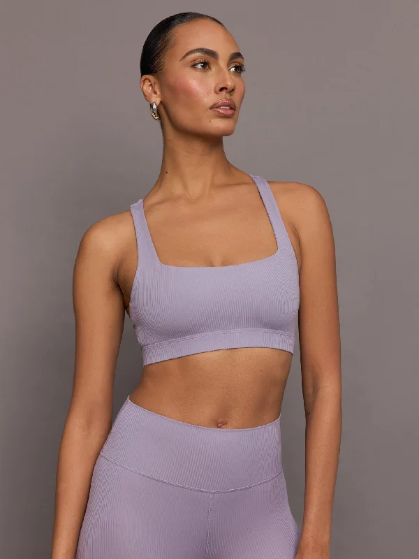 Blue Racerback Sports Bra for Running -Racerback Bra in Ribbed Melt - Lavender Grey