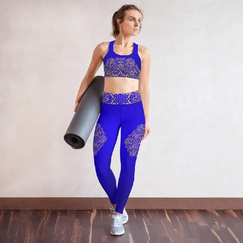 Multi-Strap Striped Sports Bra for Design -Blue and Gold Mandala Padded Sports Bra