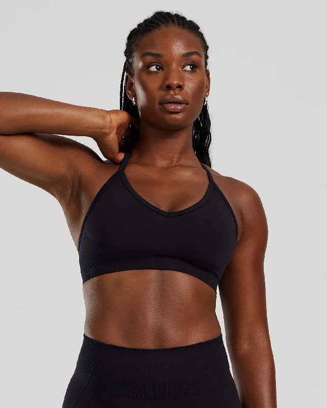 High Neck Striped Sports Bra for Modesty -Define 2.0 Seamless Halter Neck Bra | Black