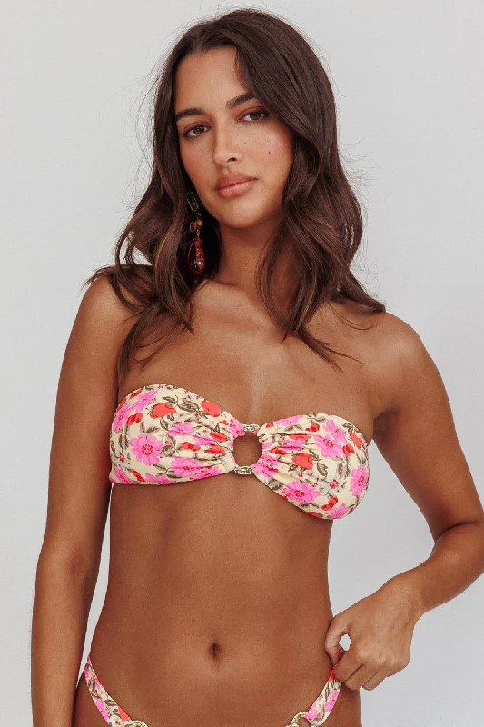 swimwear breathable fit -Agape Bandeau O-Ring Bikini Top Yellow Floral