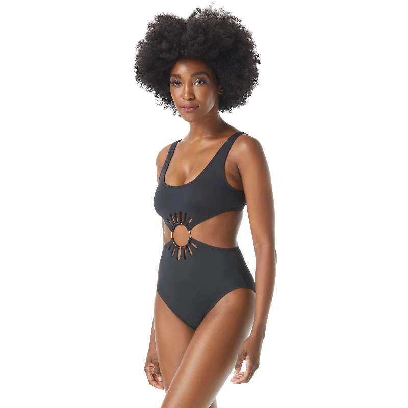 swimwear airy fabric -SALE Vince Camuto Serengeti Shades Black Logo Ring Cut Out Scoop Neck One Piece