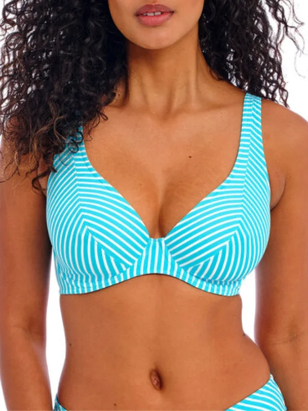 swimwear long workouts -Jewel Cove High Apex Bikini Top - Stripe Turquoise