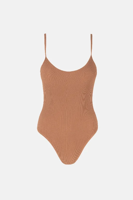 swimwear wet conditions -Essential Rib Minimal One Piece Coffee