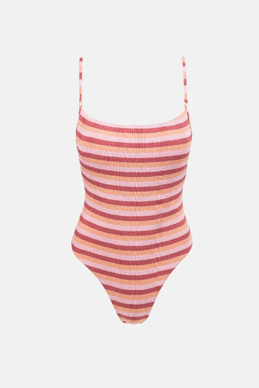 swimwear durable fit -Ibiza Stripe Rib One Piece Pink