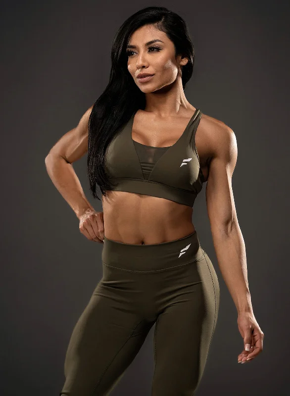 Firm Striped Sports Bra for Lifting -ASCEND PEAK MESH BRA - OLIVE