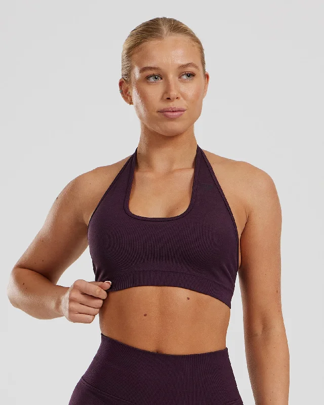 High Waisted Black Sports Bra for Style -Motion Seamless Halter Bra | Midnight Plum