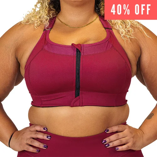 Nylon Sports Bra for Strength -Front Zipper Bra | Sangria