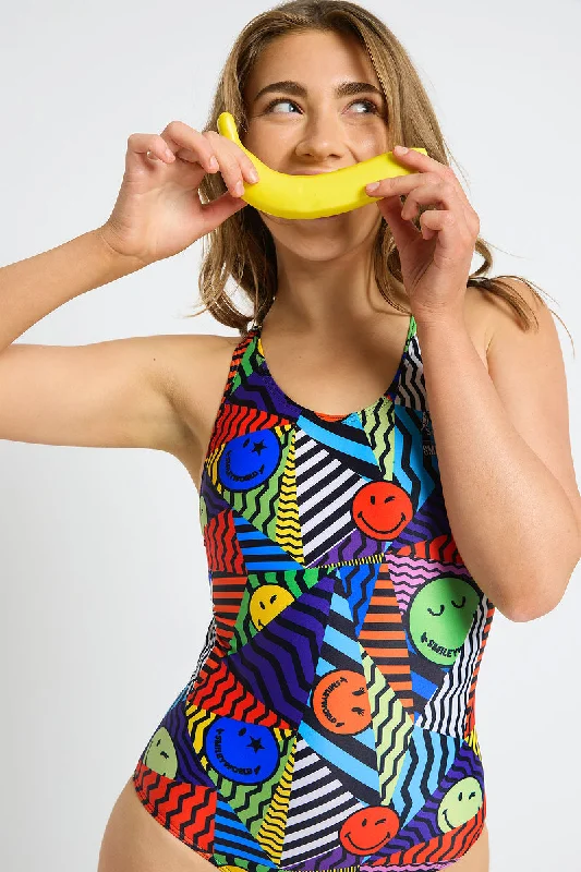 swimwear summer dips -Thick Strap Racer in SmileyWorld Geometric