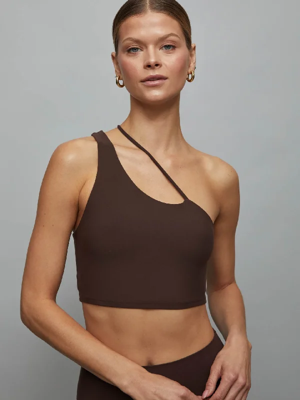 Adjustable Pink Sports Bra for Comfort -One Shoulder Convertible Bra Top in Melt - Dark Oak