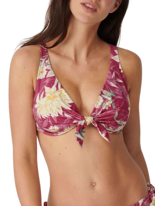 swimwear stretchy fit -Botanical Leaf Plunge Bikini Top - Pink/Light Combination