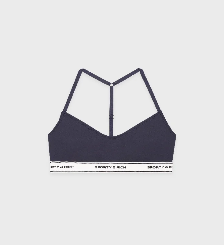 High Neck Green Sports Bra for Coverage -SR Bold Sports Bralette - Slate Blue/White