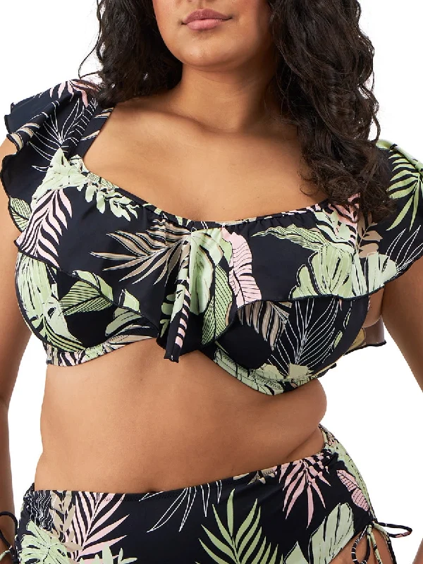 swimwear daily wear -Tropical Retreat Ruffle Bikini Top - Black