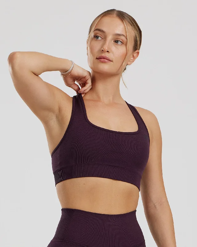 Racerback Blue Sports Bra for Support -Motion Seamless Racer Back Bra | Midnight Plum