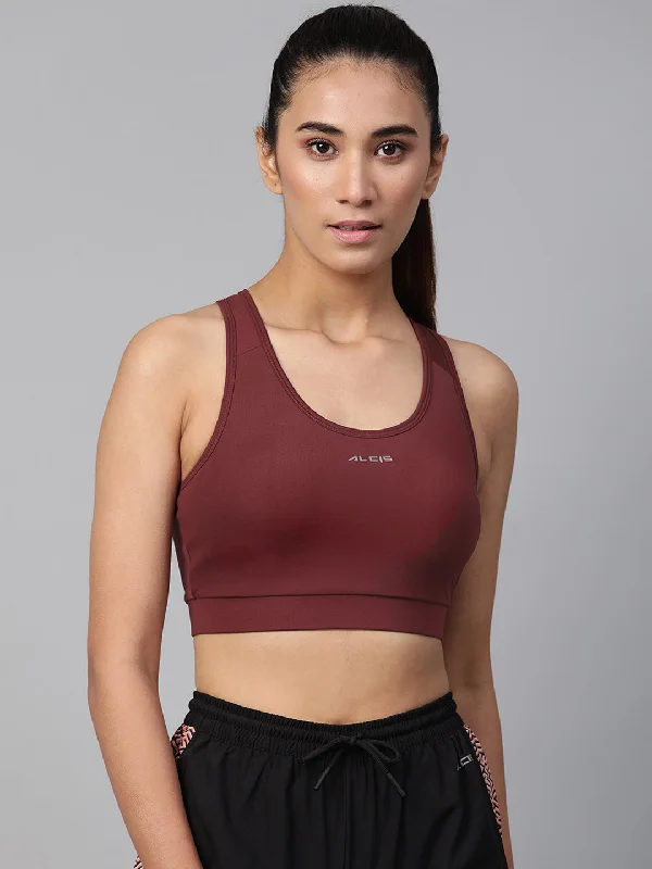 Mesh Back Sports Bra for Ventilation -Alcis Maroon Solid Non-Wired Lightly Padded Workout Bra