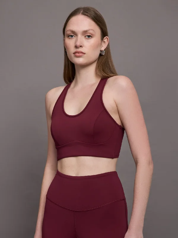 Front Zip Black Sports Bra for Ease -Instinct Longline Bra - Burgundy