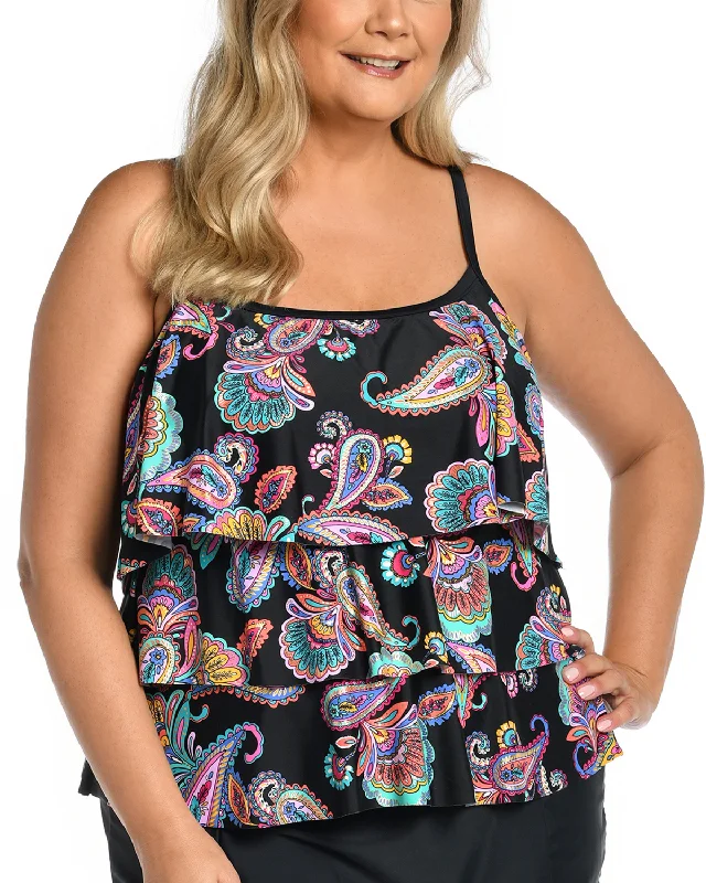 Orange Moisture Wicking Sports Tank Top for Dryness -2024 Maxine of Hollywood Women's Plus Paisley Parade Triple Tiered Tankini Top - Mw4dw59