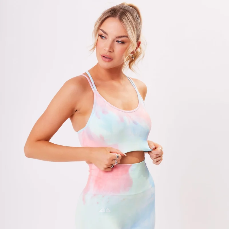 Grey Low Impact Sports Bra for Ease -The 'Tie Dye Scrunch' Sports Bra - Cotton Candy