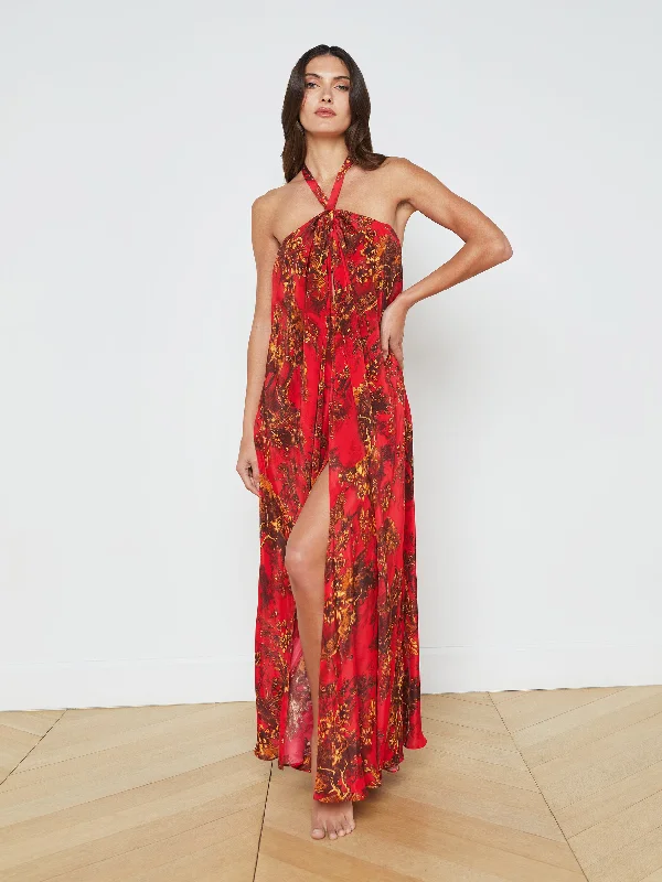 swimwear active lifestyles -Gevena Silk-Blend Halter Maxi Dress