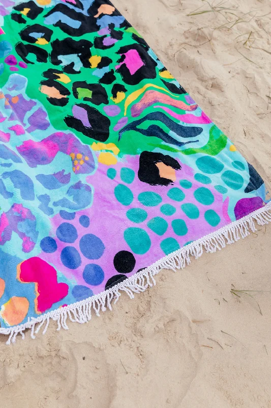 swimwear outdoor fun -Beach Towel in Electric Leopard by Kasey Rainbow