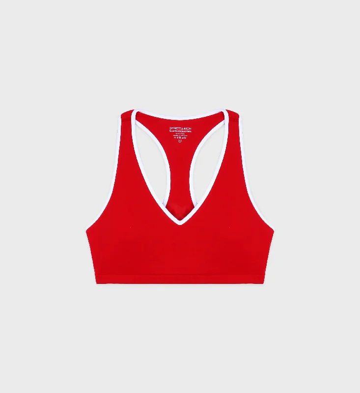 Quick Dry Grey Sports Bra for Hot Days -Runner Box V-Neck Sports Bra - Sports Red/White