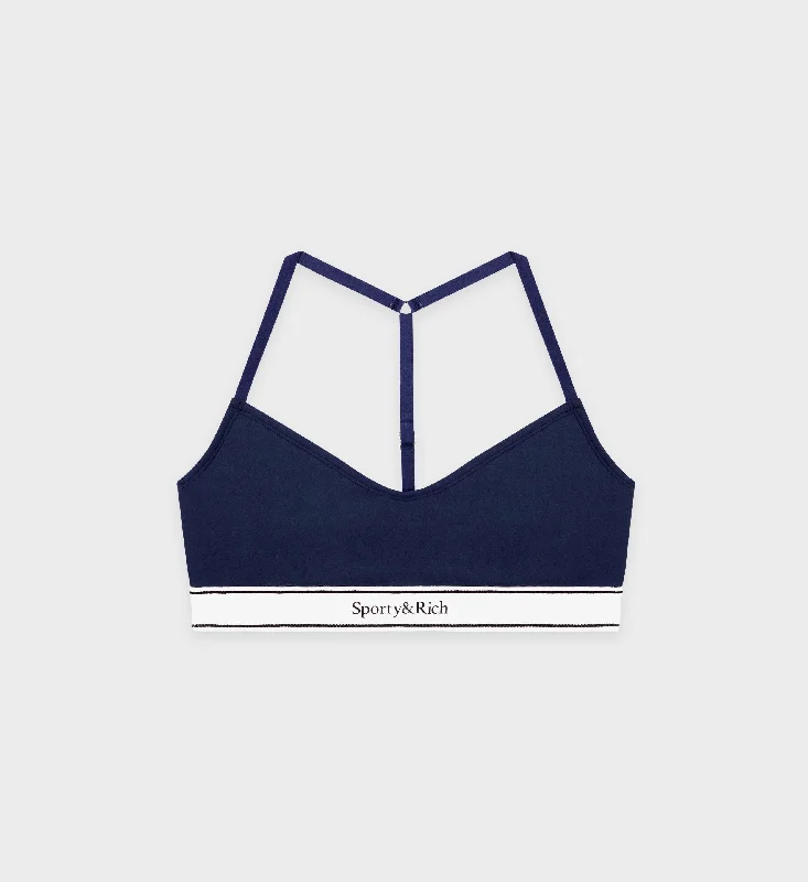 High Waisted Red Sports Bra for Style -Serif Logo Sports Bralette - Navy