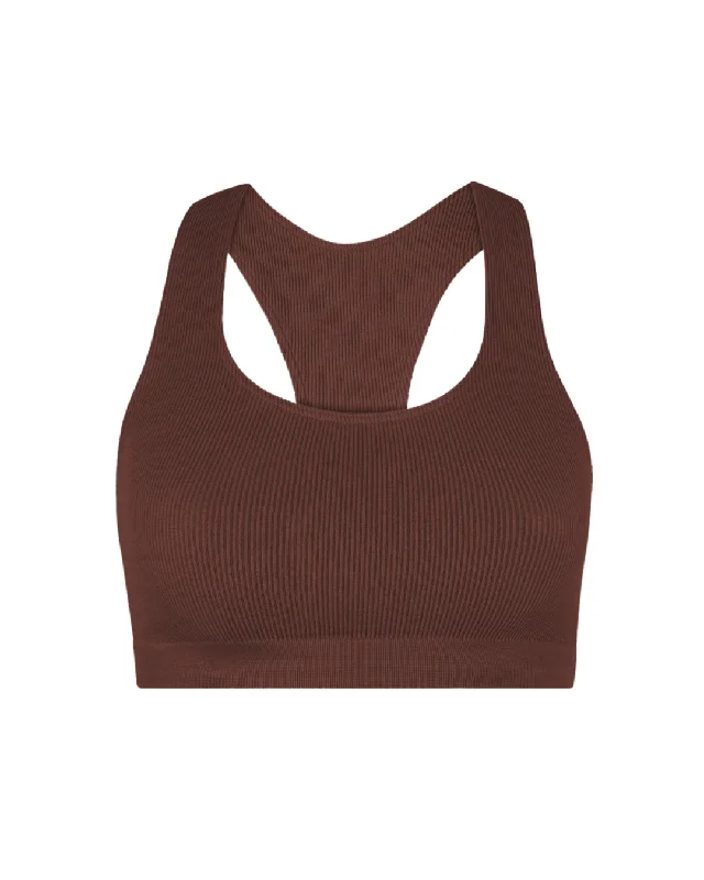 High Neck Striped Sports Bra for Modesty -RIBBED ELATED Bra Top | Maroon