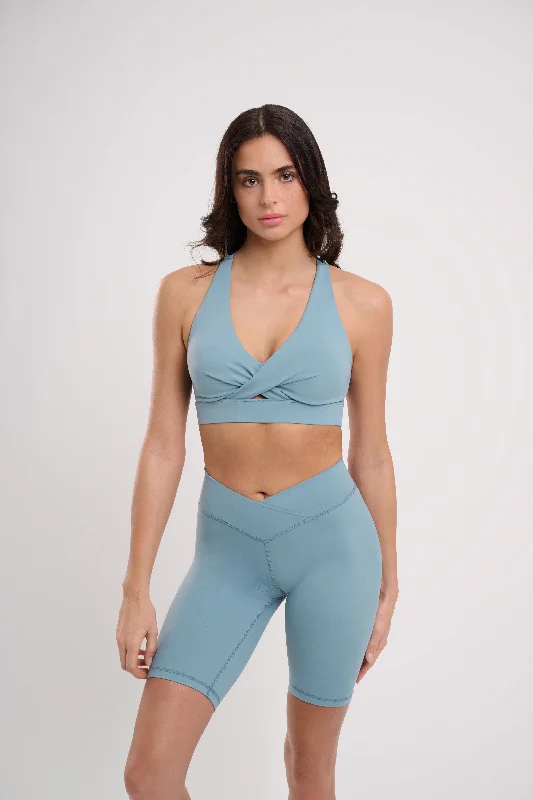 Petite Grey Sports Bra for Ease -Iris Wrap Bra Sky Blue