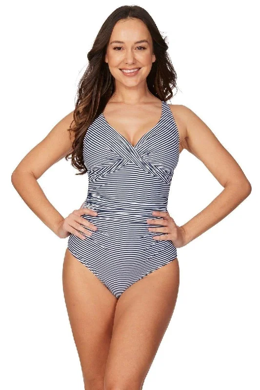 swimwear swim starters -Nip Tuck NG1150SON Sorrento Stripe Louise Crossfront  One Piece Navy