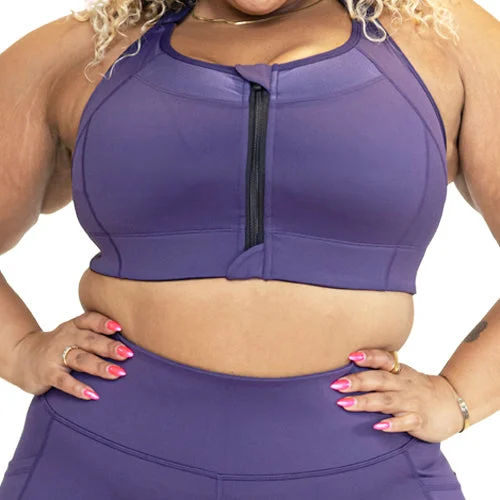 Fixed Pad Sports Bra for Stability -Front Zipper Bra | Eggplant