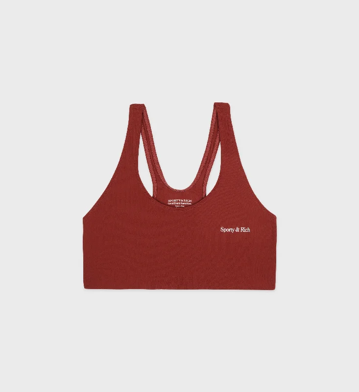 Low Impact Grey Sports Bra for Walking -Serif Logo Ribbed Sports Bra - Maroon