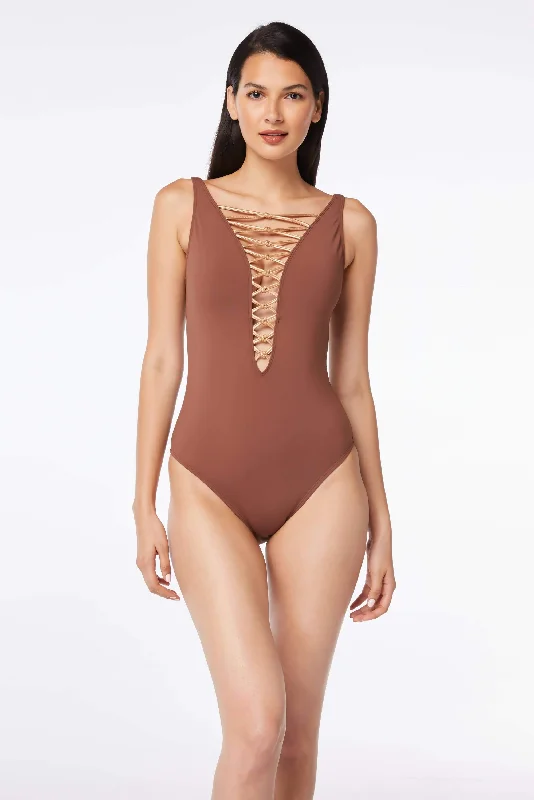 swimwear reflective trim -Bleu Rod Beattie Let's Get Knotty Chocolate Truffle Lace Down One Piece