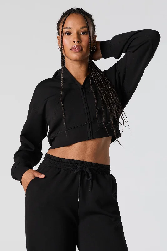 White Wide Strap Sports Top for Support -Active Zip-Up Cropped Fleece Hoodie