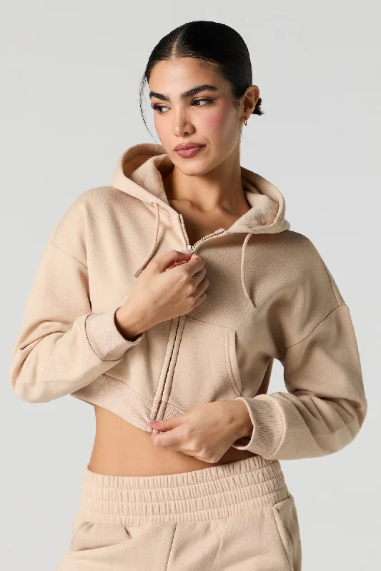 Blue Cropped Sports Top for Layering -Active Cropped Zip-Up Fleece Hoodie