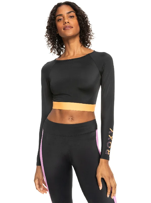 White Short Sleeve Sports Top for Summer -Roxy Fitness Long Sleeve Cropped Rashguard - Anthracite